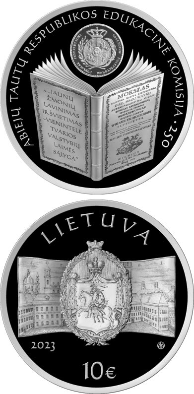 Image of 10 euro coin - 250th Anniversary of the Educational Commission of the Commonwealth of the Two Nations | Lithuania 2023.  The Silver coin is of Proof quality.