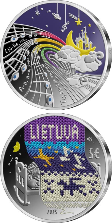 Image of 5 euro coin - The Lullaby | Lithuania 2025.  The Silver coin is of Proof quality.
