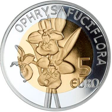 Image of 5 euro coin - Ophrys bourdon | Luxembourg 2012.  The Bimetal: silver, nordic gold coin is of Proof quality.