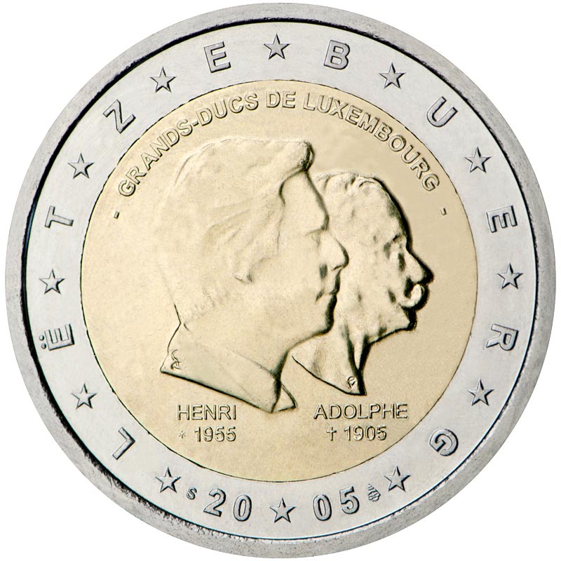 Image of 2 euro coin - 50th birthday of Grand Duke Henri, 5th anniversary of his accession to the throne and 100th anniversary of the death of Grand Duke Adolphe | Luxembourg 2005