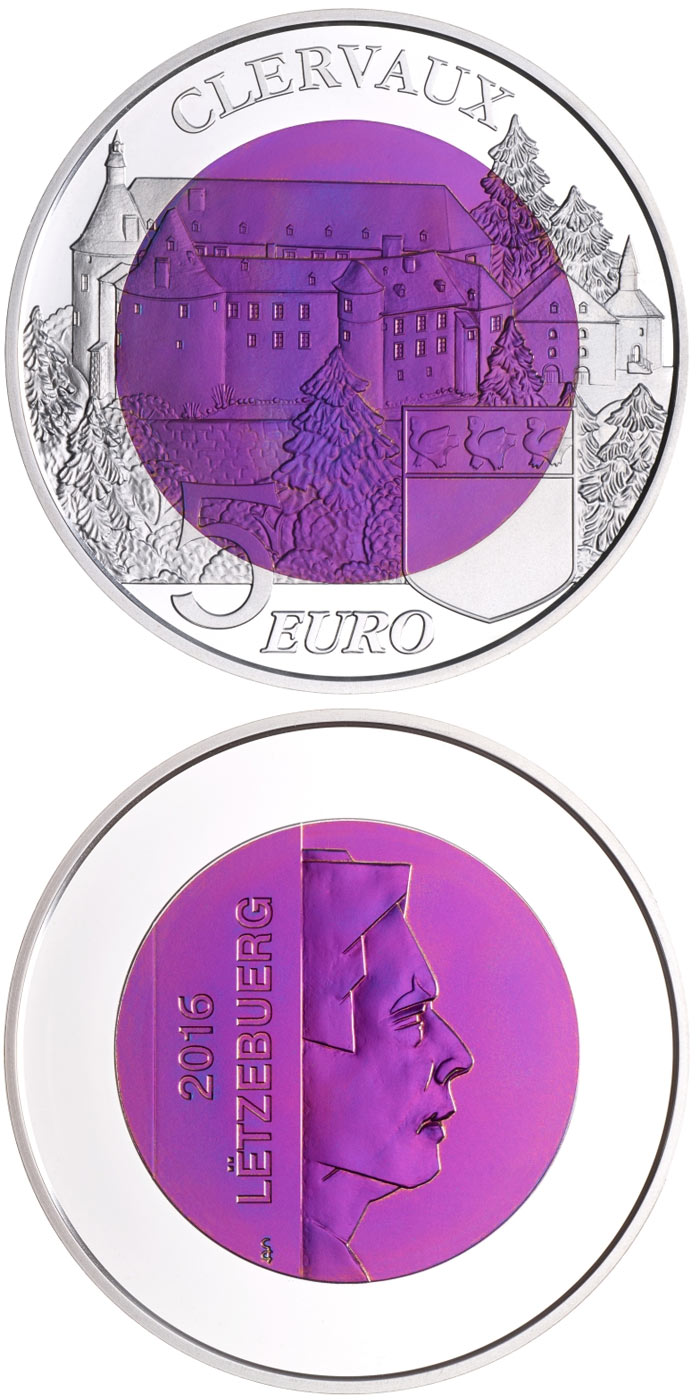 Image of 5 euro coin - Castle of  Clervaux | Luxembourg 2016.  The Bimetal: silver, niobium coin is of BU quality.
