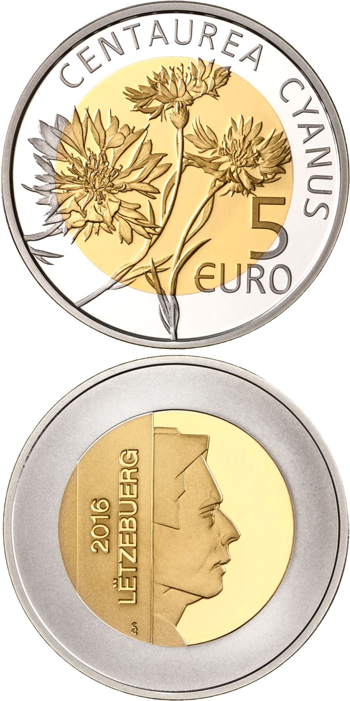 Image of 5 euro coin - Cornflower | Luxembourg 2016.  The Bimetal: silver, nordic gold coin is of Proof quality.
