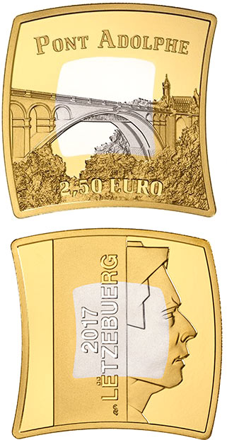 Image of 2.5 euro coin - The Adolphe Bridge | Luxembourg 2017.  The Bimetal: silver, nordic gold coin is of Proof quality.