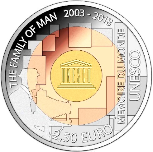 Image of 2.5 euro coin - The Family Of Man 2003 - 2018 | Luxembourg 2018.  The Bimetal: silver, nordic gold coin is of Proof quality.