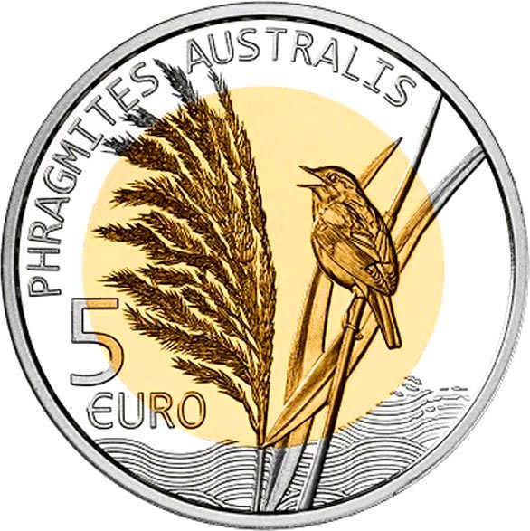 Image of 5 euro coin - Reed (Phragmites) | Luxembourg 2018.  The Bimetal: silver, nordic gold coin is of Proof quality.