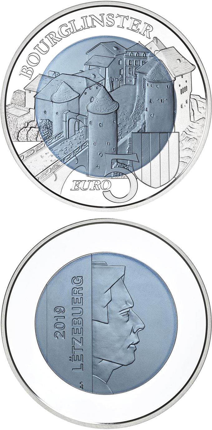 Image of 5 euro coin - Bourglinster Castle | Luxembourg 2019.  The Bimetal: silver, niobium coin is of BU quality.