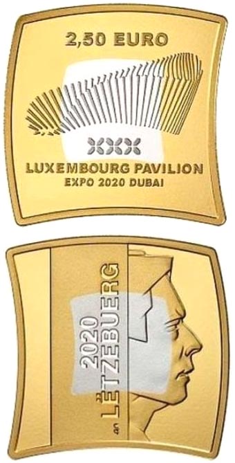 Image of 2.5 euro coin - Luxemburg Pavilion Expo 2020 Dubai | Luxembourg 2020.  The Bimetal: silver, nordic gold coin is of Proof quality.