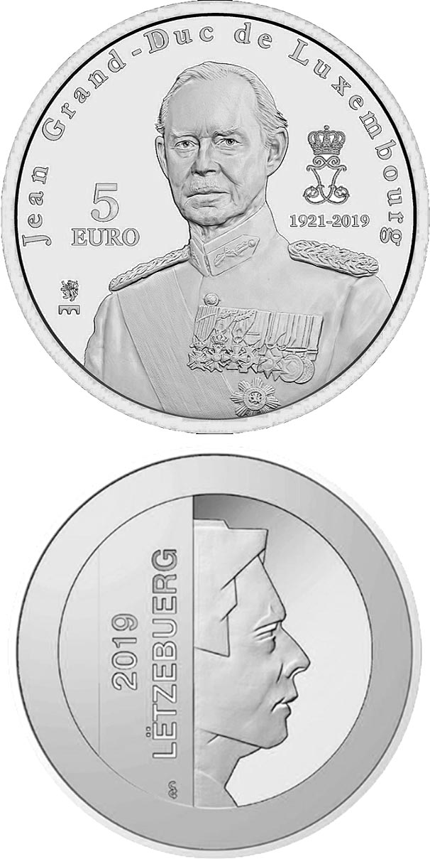 Image of 5 euro coin - In Memory to the Grand Duke Jean
of Luxembourg (1921- 2019) | Luxembourg 2019.  The Silver coin is of Proof quality.