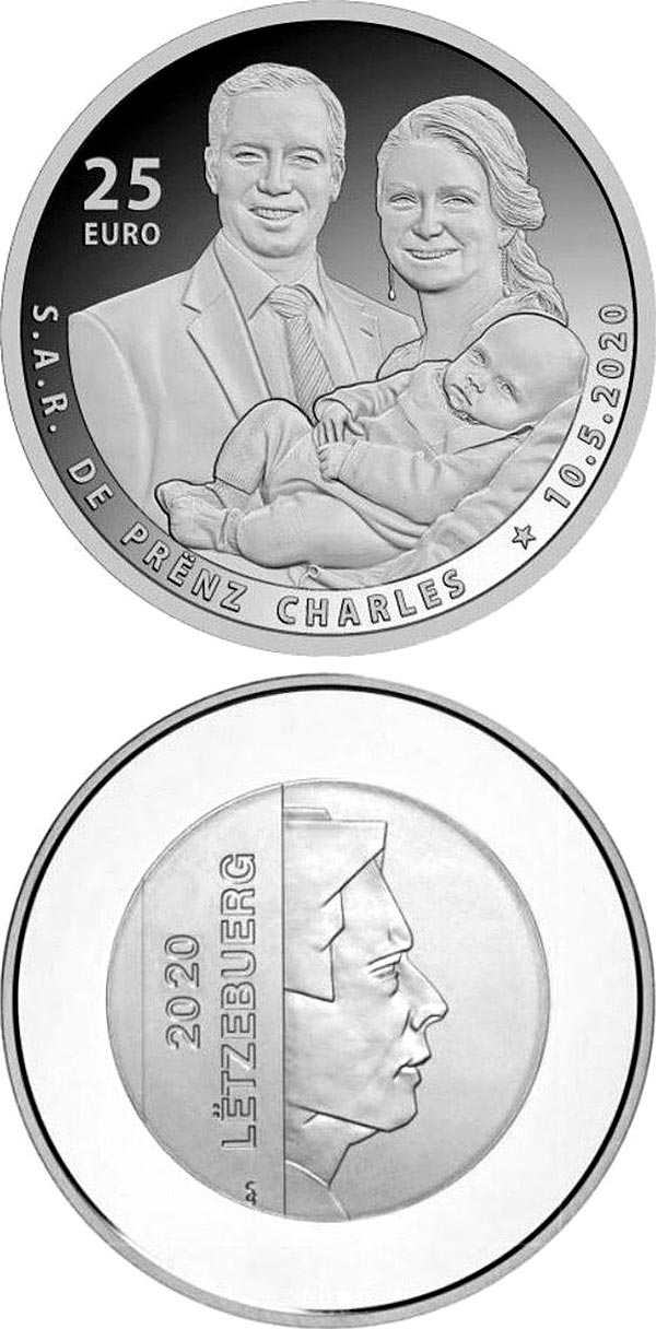 Image of 25 euro coin - Birth of Prince Charles | Luxembourg 2020.  The Silver coin is of Proof quality.