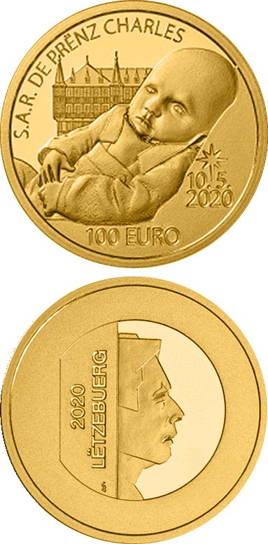 Image of 100 euro coin - Birth of Prince Charles | Luxembourg 2020.  The Gold coin is of Proof quality.
