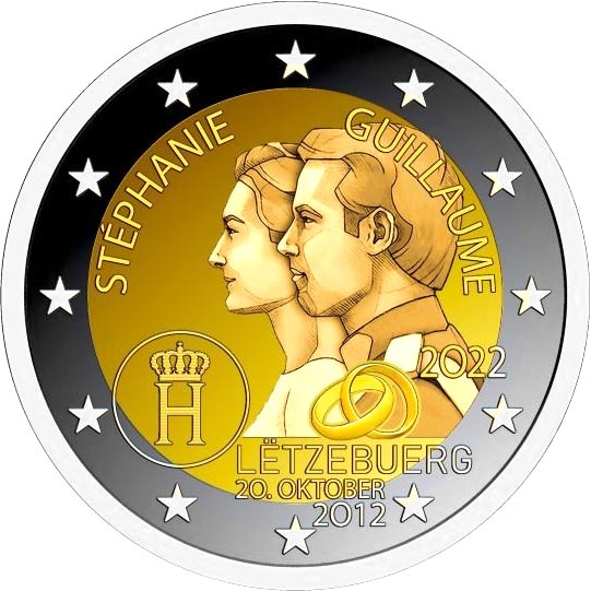 Image of 2 euro coin - 10th Wedding Anniversary of Heir Grand Duke William and Heir Grand Duchess Stephanie | Luxembourg 2022
