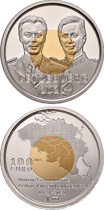 Image of 100 euro coin - Centenary of the anniversary of the Belgo-Luxembourg Economic Union | Luxembourg 2021