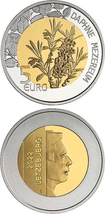 Image of 5 euro coin - Daphne (Paradise plant) | Luxembourg 2022.  The Bimetal: silver, nordic gold coin is of Proof quality.