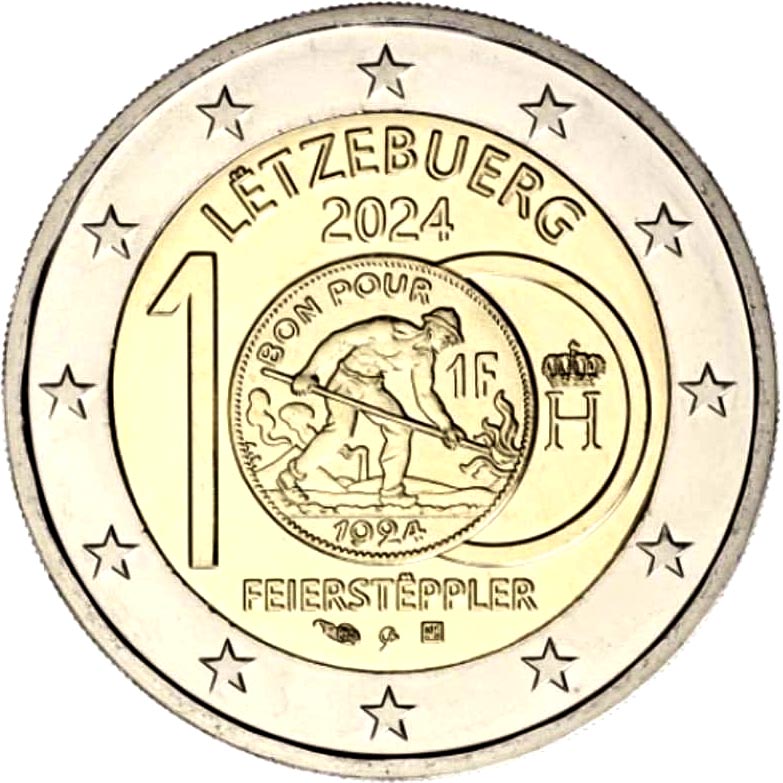 Image of 2 euro coin - 100th Anniversary of the Introduction of the Franc Coins bearing of the image of the Feierstëppler | Luxembourg 2024