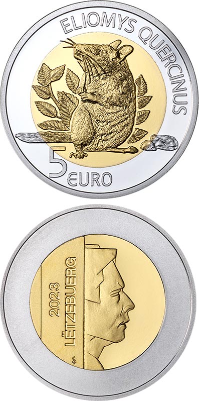 Image of 5 euro coin - Garden Dormouse | Luxembourg 2023.  The Bimetal: silver, nordic gold coin is of Proof quality.