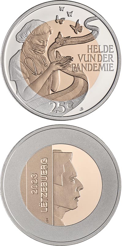 Image of 25 euro coin - The heroes of the pandemic
 | Luxembourg 2023.  The Bimetal: silver, nordic gold coin is of Proof quality.