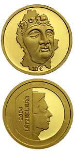 Image of 10 euro coin - Mask of Hellange | Luxembourg 2004.  The Gold coin is of Proof quality.