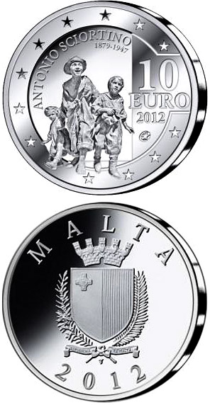 Image of 10 euro coin - Antonio Sciortino - Les Gavroches | Malta 2012.  The Silver coin is of Proof quality.