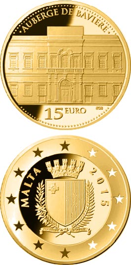 Image of 15 euro coin - Auberge de Baviere | Malta 2015.  The Gold coin is of Proof quality.