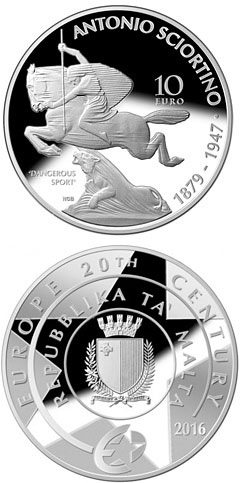 Image of 10 euro coin - Antonio Sciortino (1879-1947) | Malta 2016.  The Silver coin is of Proof quality.
