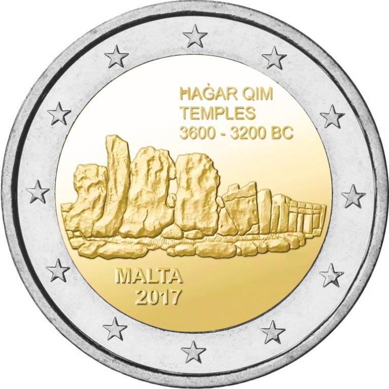 Image of 2 euro coin - UNESCO Maltese prehistoric temples of Hagar Qim | Malta 2017