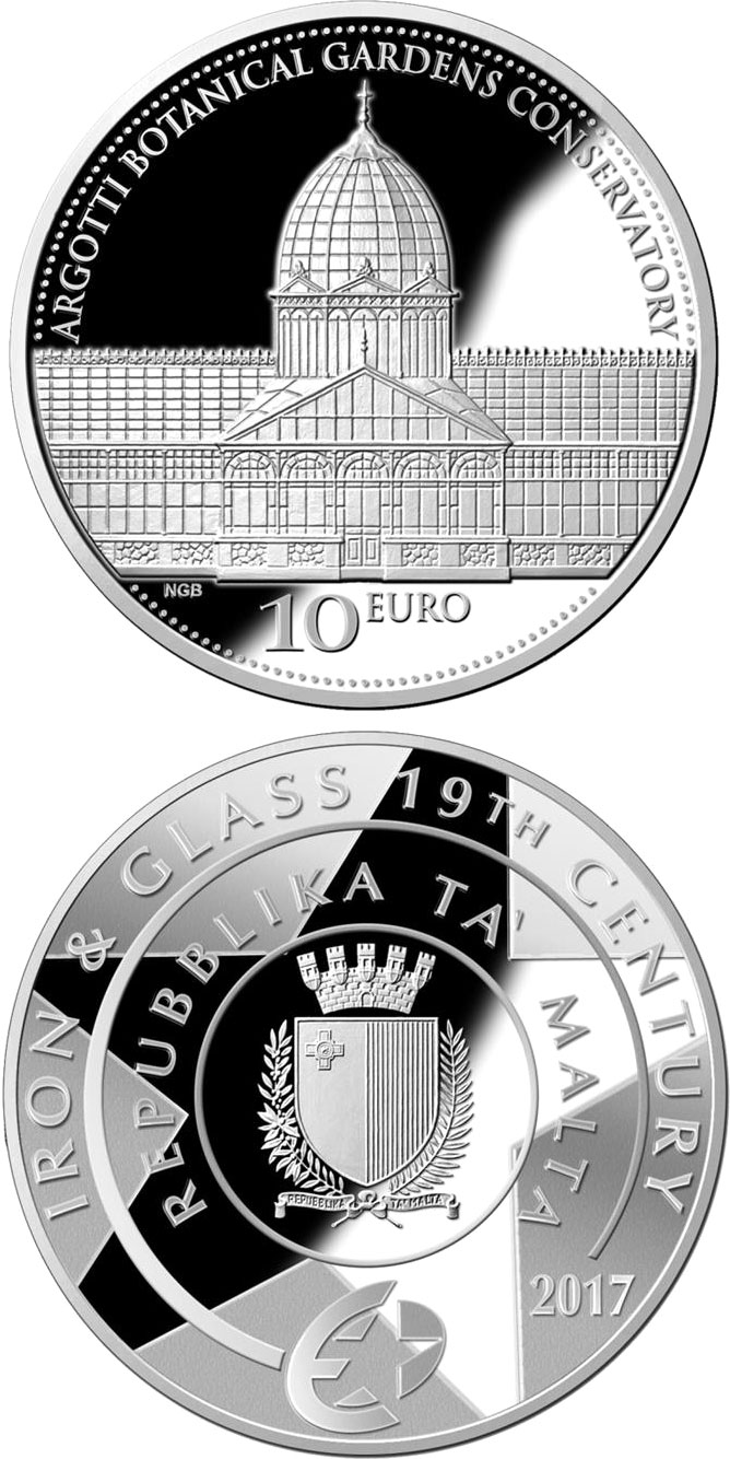 Image of 10 euro coin - Argotti Botanical Gardens Conservatory  | Malta 2017.  The Silver coin is of Proof quality.