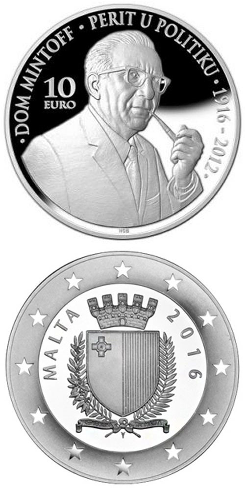 Image of 10 euro coin - 100th Anniversary of the birth of Dom Mintoff  | Malta 2016.  The Silver coin is of Proof quality.