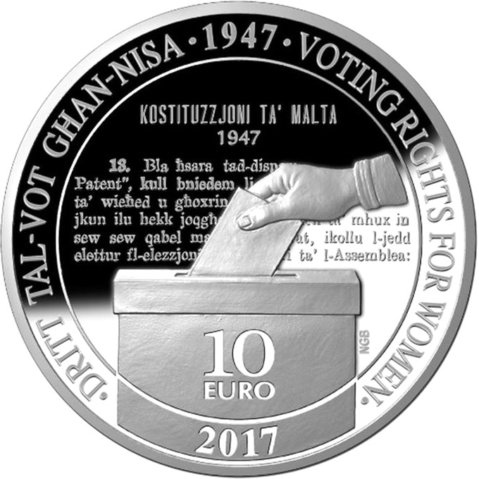 Image of 10 euro coin - 70th Anniversary of Women’s Voting Rights | Malta 2017.  The Silver coin is of Proof quality.