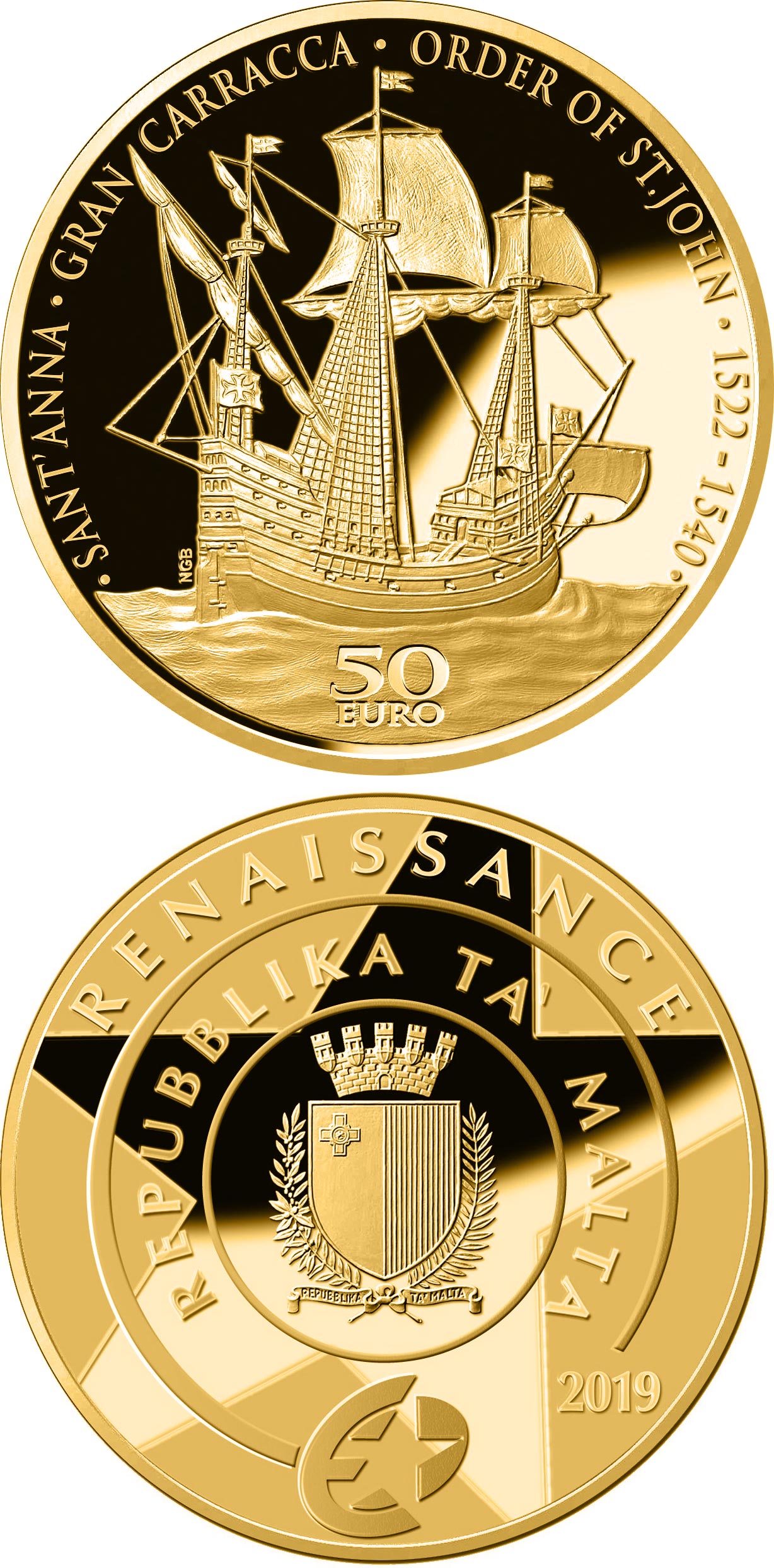 Image of 50 euro coin - The Gran Carracca of the Order of St John | Malta 2019.  The Gold coin is of Proof quality.