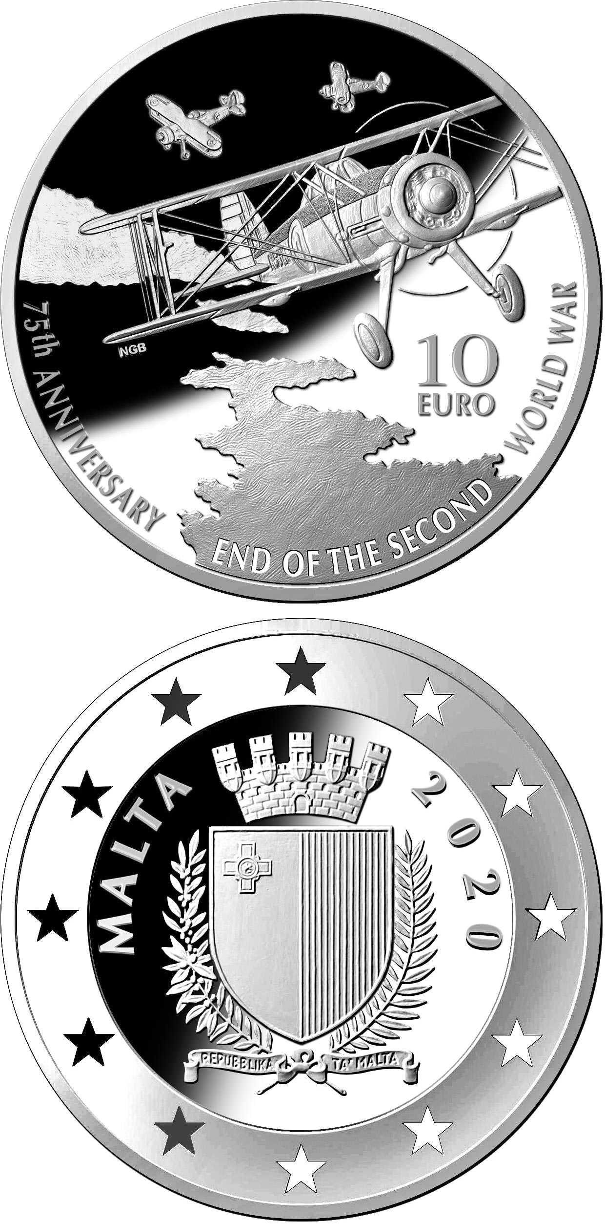 Image of 10 euro coin - 75th Anniversary of the end of
the Second World War | Malta 2020.  The Silver coin is of Proof quality.