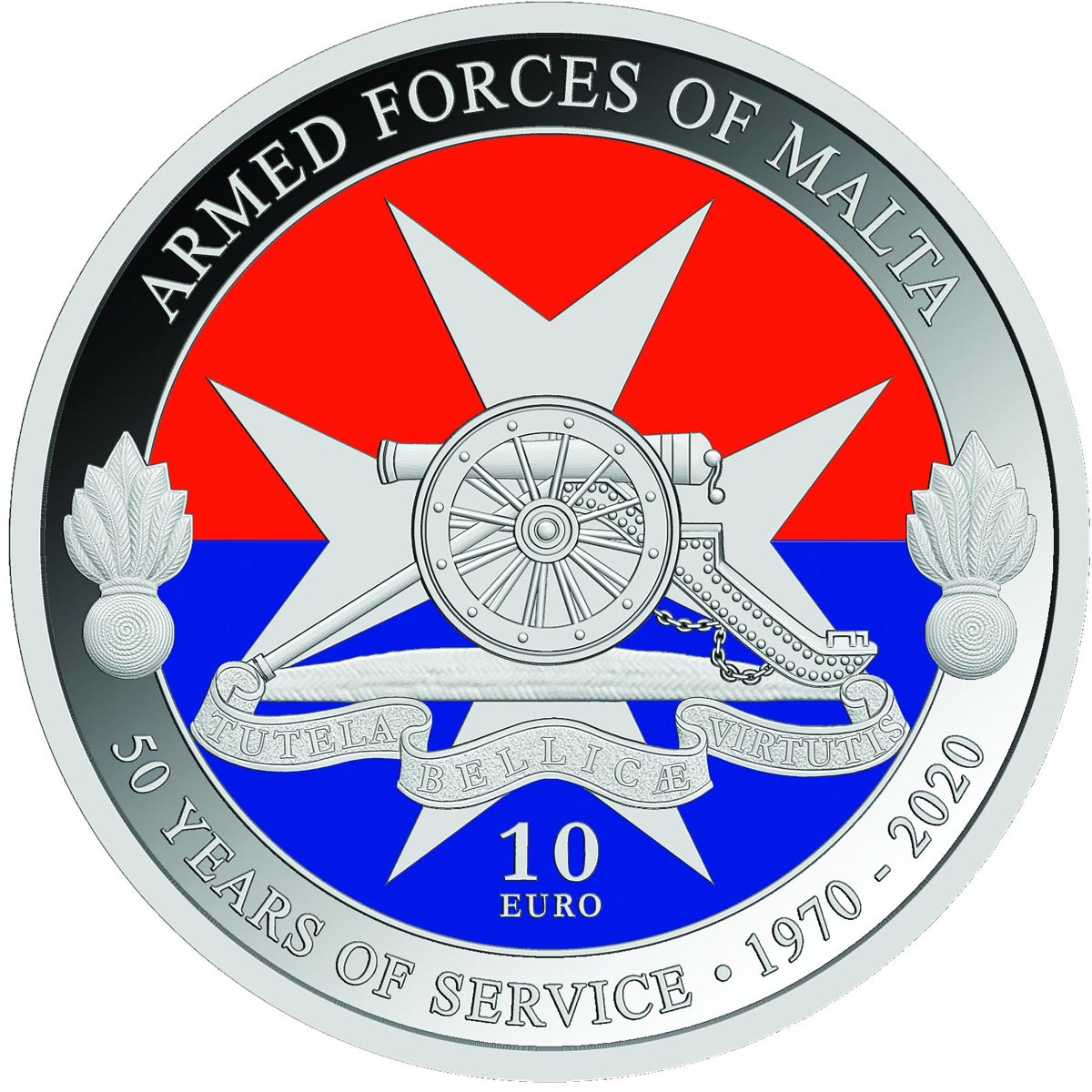 Image of 10 euro coin - 50th Anniversary of the Armed Forces of Malta | Malta 2020.  The Silver coin is of BU quality.