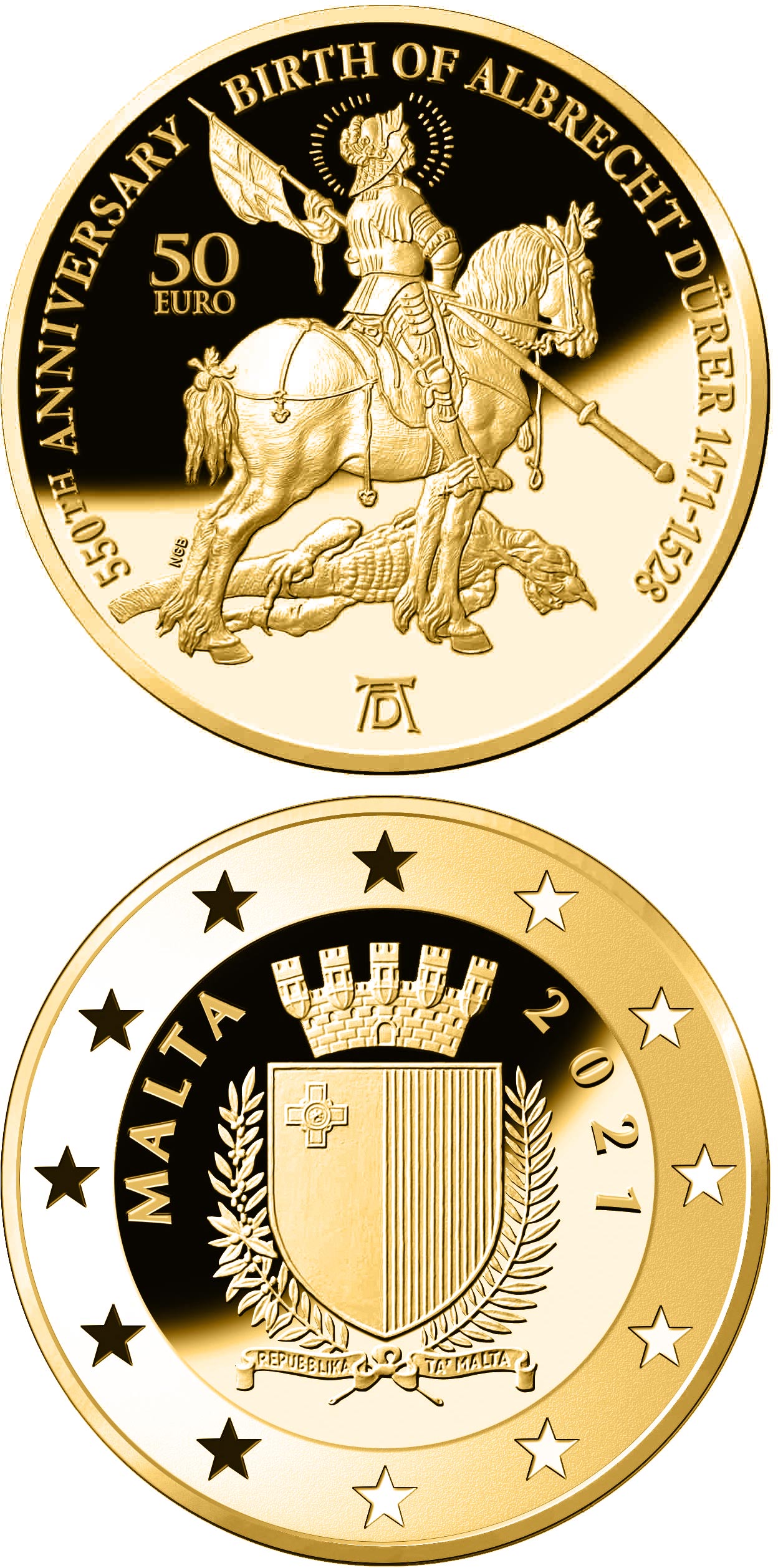 Image of 50 euro coin - 550th Anniversary of the Birth of Albrecht Dürer | Malta 2021.  The Gold coin is of Proof quality.