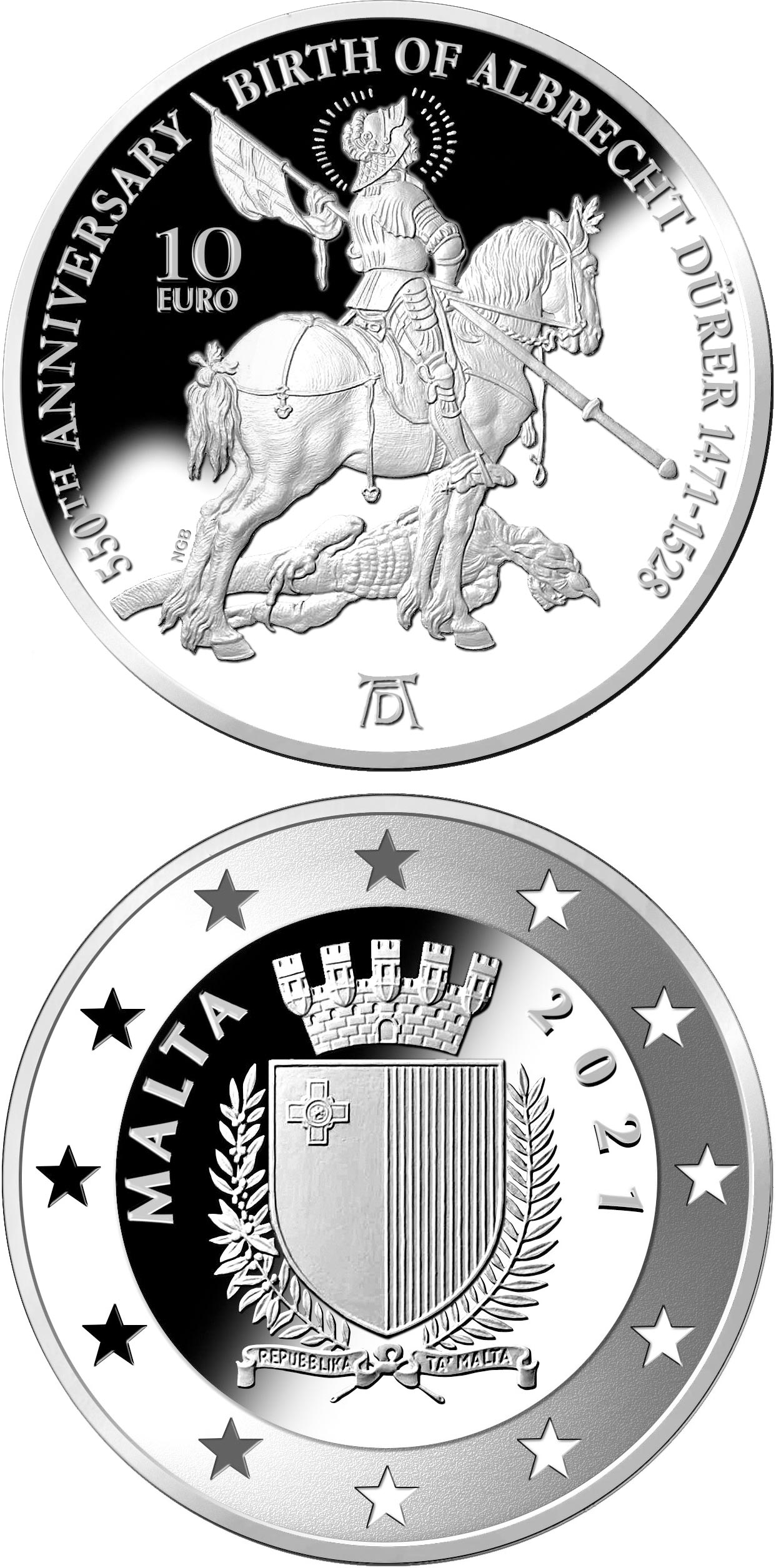 Image of 10 euro coin - 550th Anniversary of the Birth of Albrecht Dürer | Malta 2021.  The Silver coin is of Proof quality.