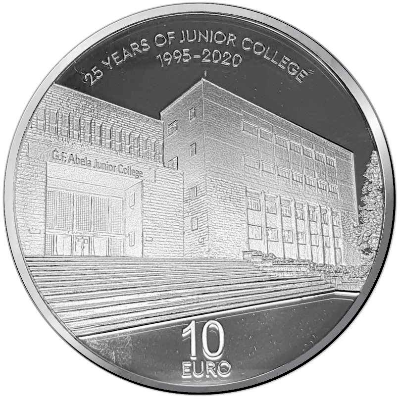 Image of 10 euro coin - 25th Anniversary of Junior College | Malta 2021.  The Silver coin is of Proof quality.