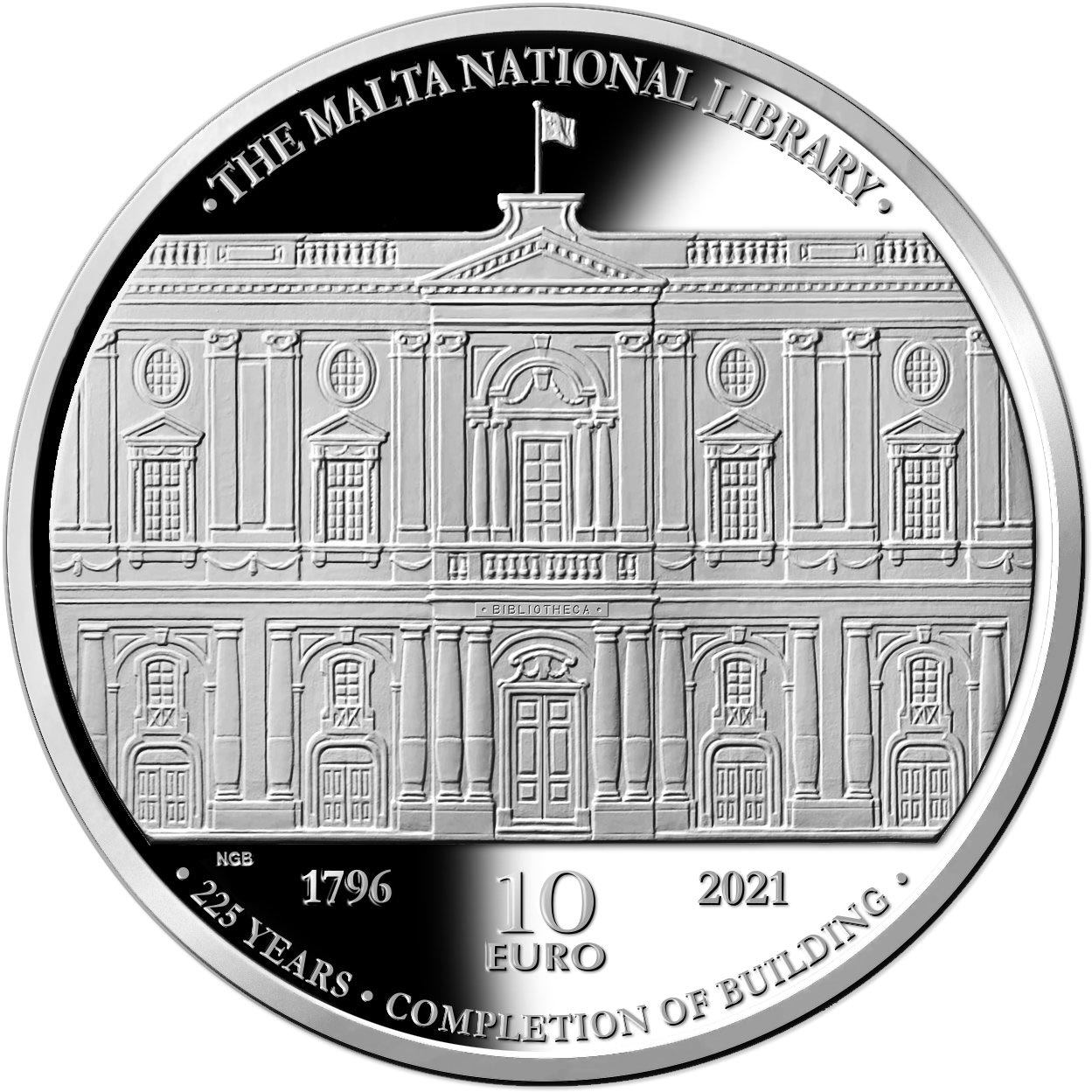 Image of 10 euro coin - 225th Anniversary of the Bibliotheca Building | Malta 2021.  The Silver coin is of Proof quality.