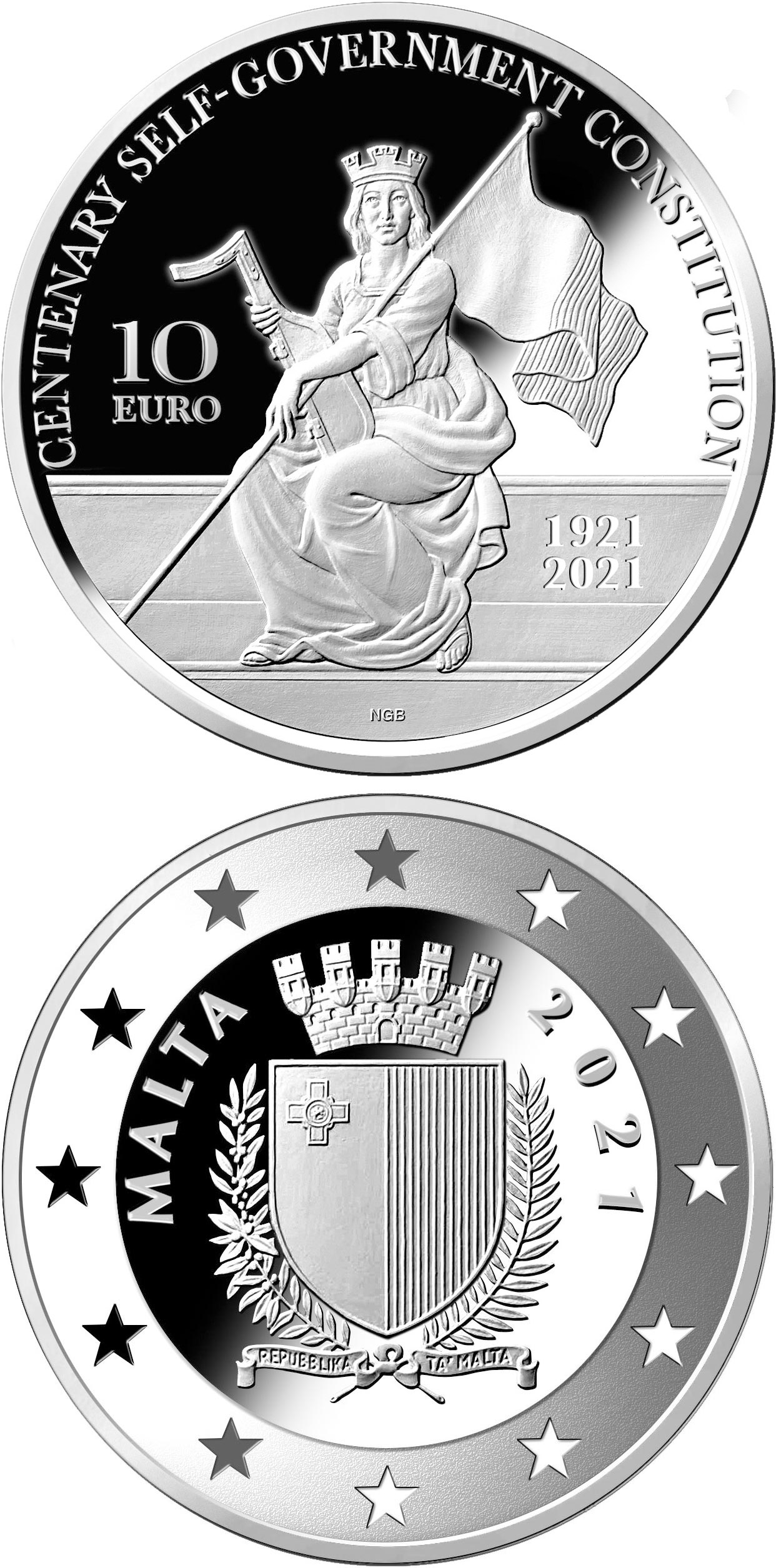 Image of 10 euro coin - Centenary of the 1921 Malta Self-Government Constitution | Malta 2021.  The Silver coin is of Proof quality.