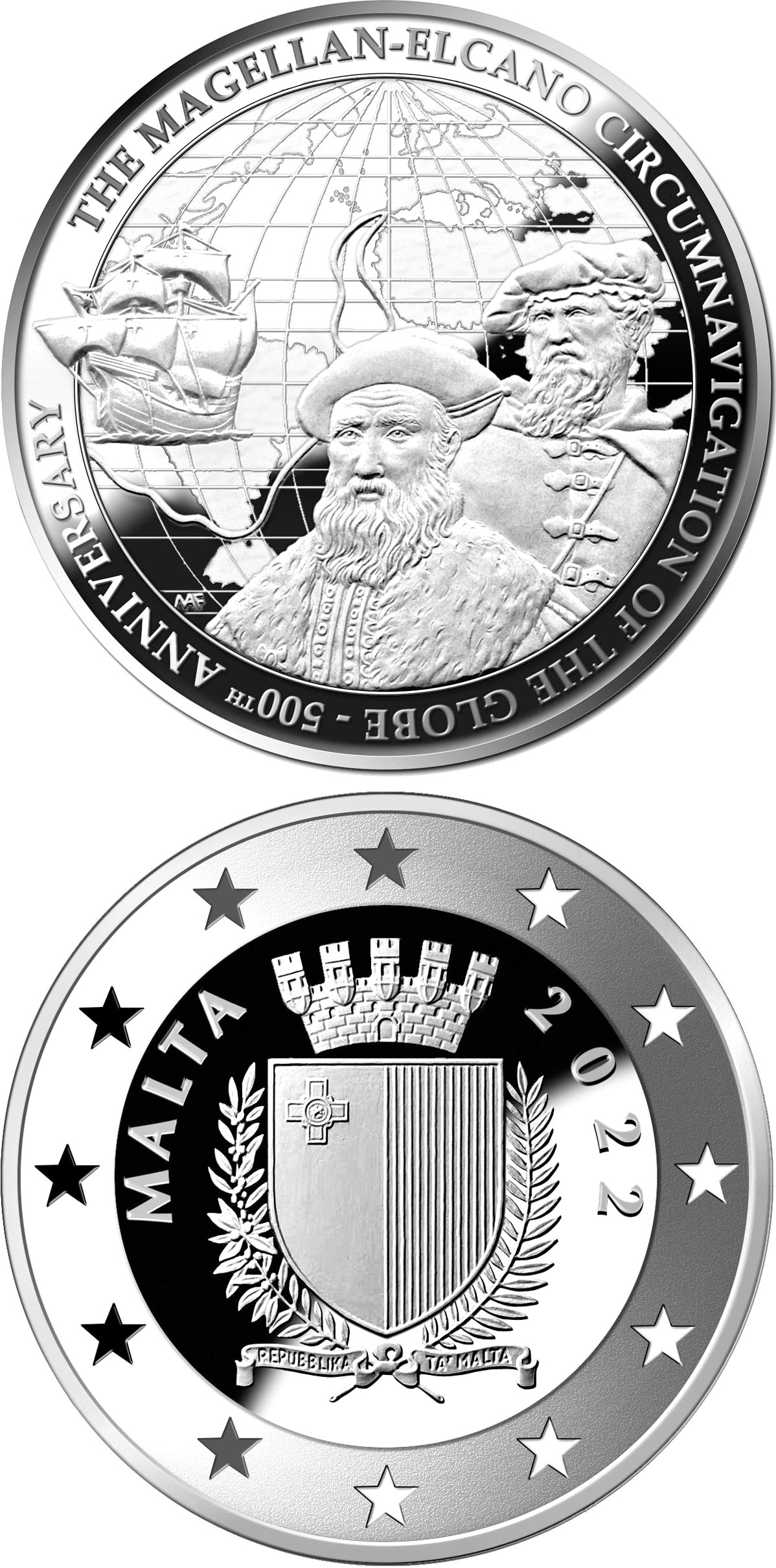 Image of 10 euro coin - 500th Anniversary of the Circumnavigation of the Globe | Malta 2022.  The Silver coin is of Proof quality.