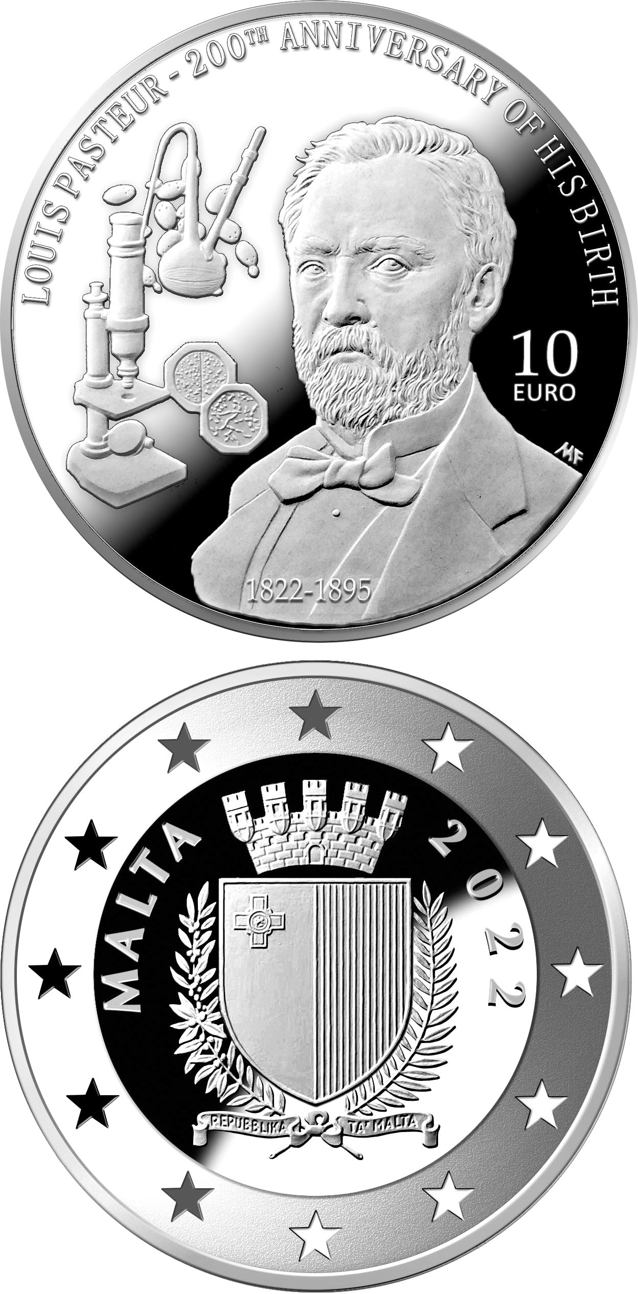 Image of 10 euro coin - 200th Anniversary of the Birth of Louis Pasteur | Malta 2022.  The Silver coin is of Proof quality.