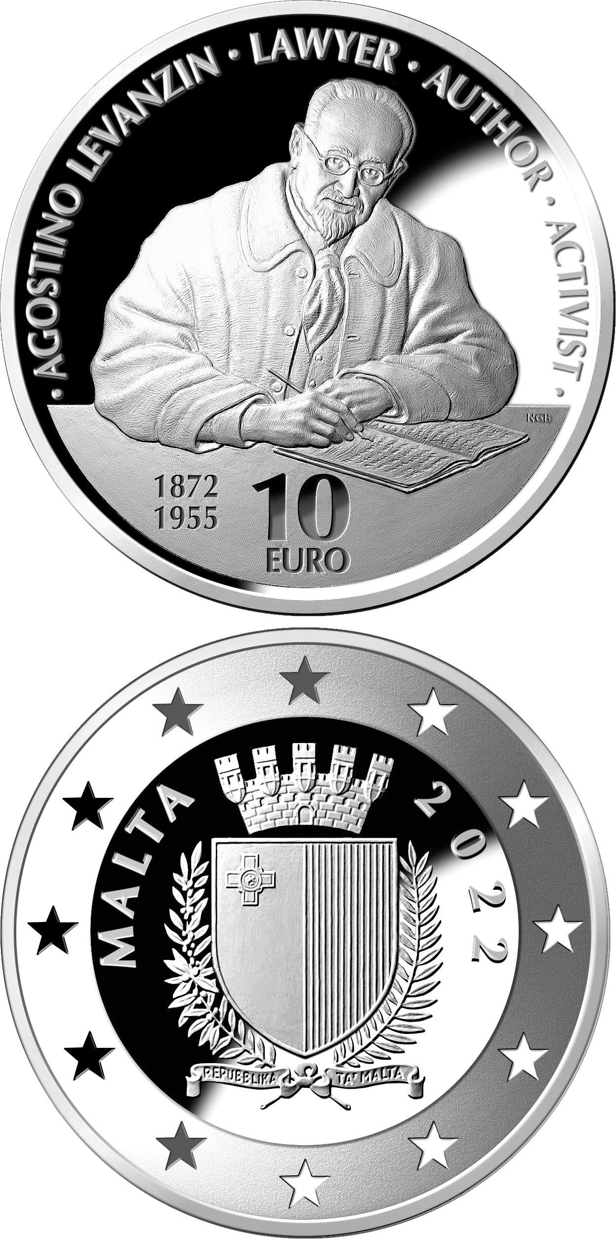 Image of 10 euro coin - 200th Anniversary of the Birth of Agostino Levanzin | Malta 2022.  The Silver coin is of Proof quality.