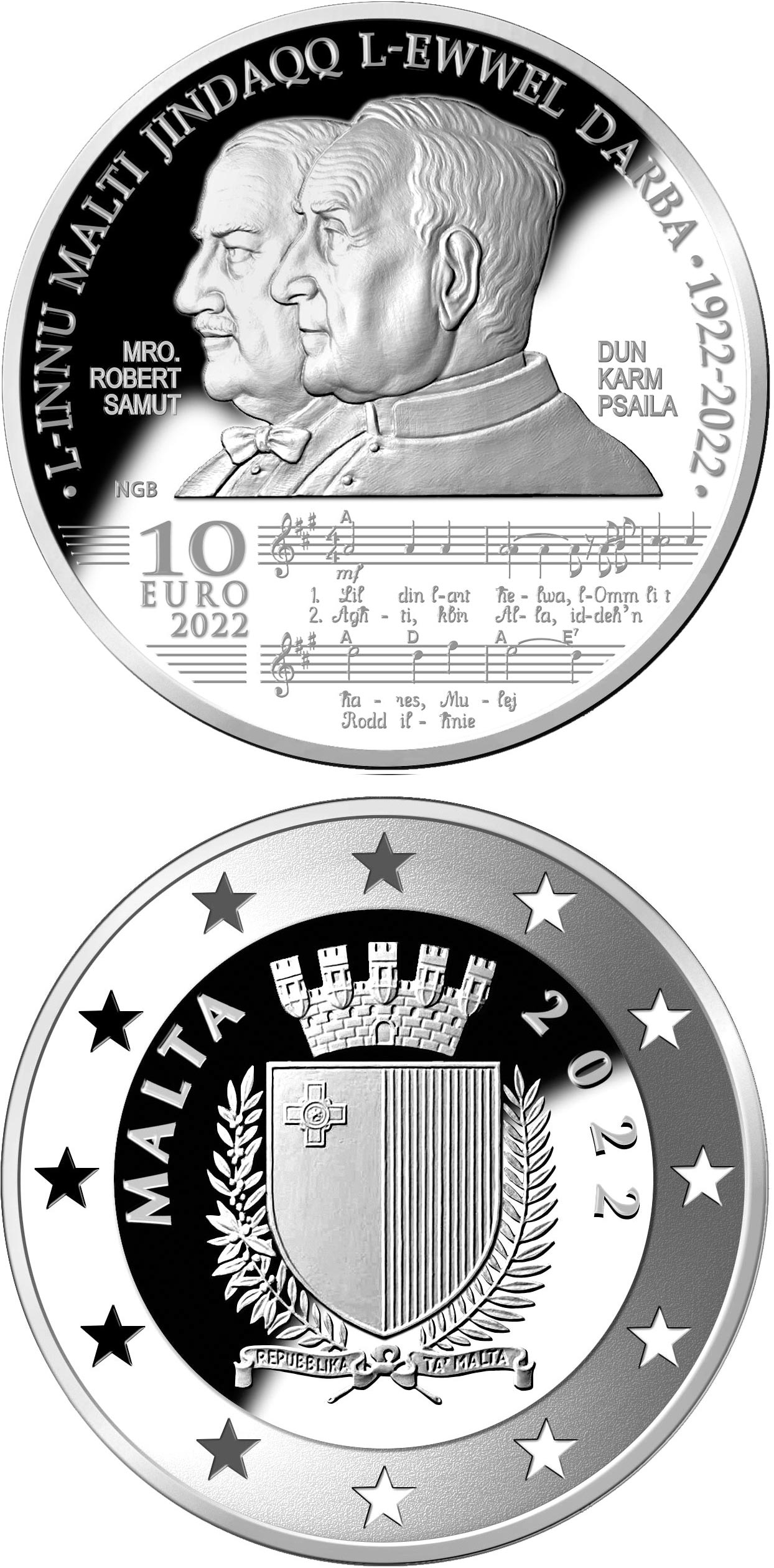 Image of 10 euro coin - Centenary of the first performance of the Innu Malti | Malta 2022.  The Silver coin is of Proof quality.