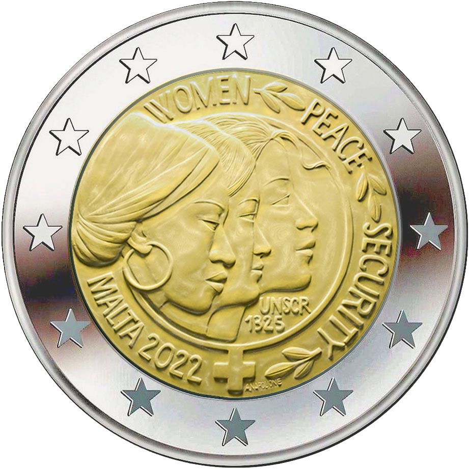 Image of 2 euro coin - United Nations Security Council Resolution on Women Peace & Security | Malta 2022