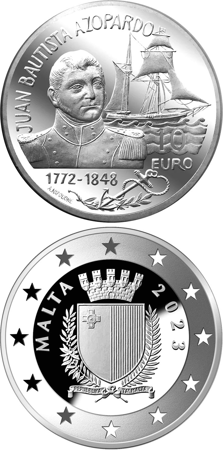 Image of 10 euro coin - 175th Anniversary of Juan Bautista Azopardo's Death | Malta 2023.  The Silver coin is of Proof quality.