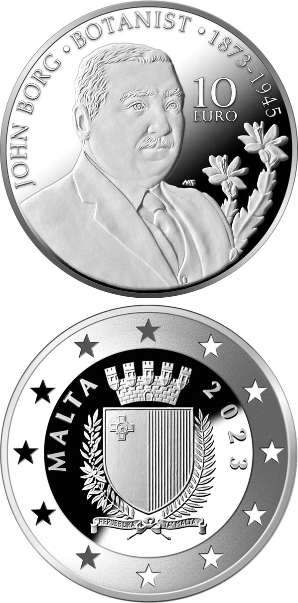 Image of 10 euro coin - 150th Anniversary of John Borg's Birth | Malta 2023.  The Silver coin is of Proof quality.