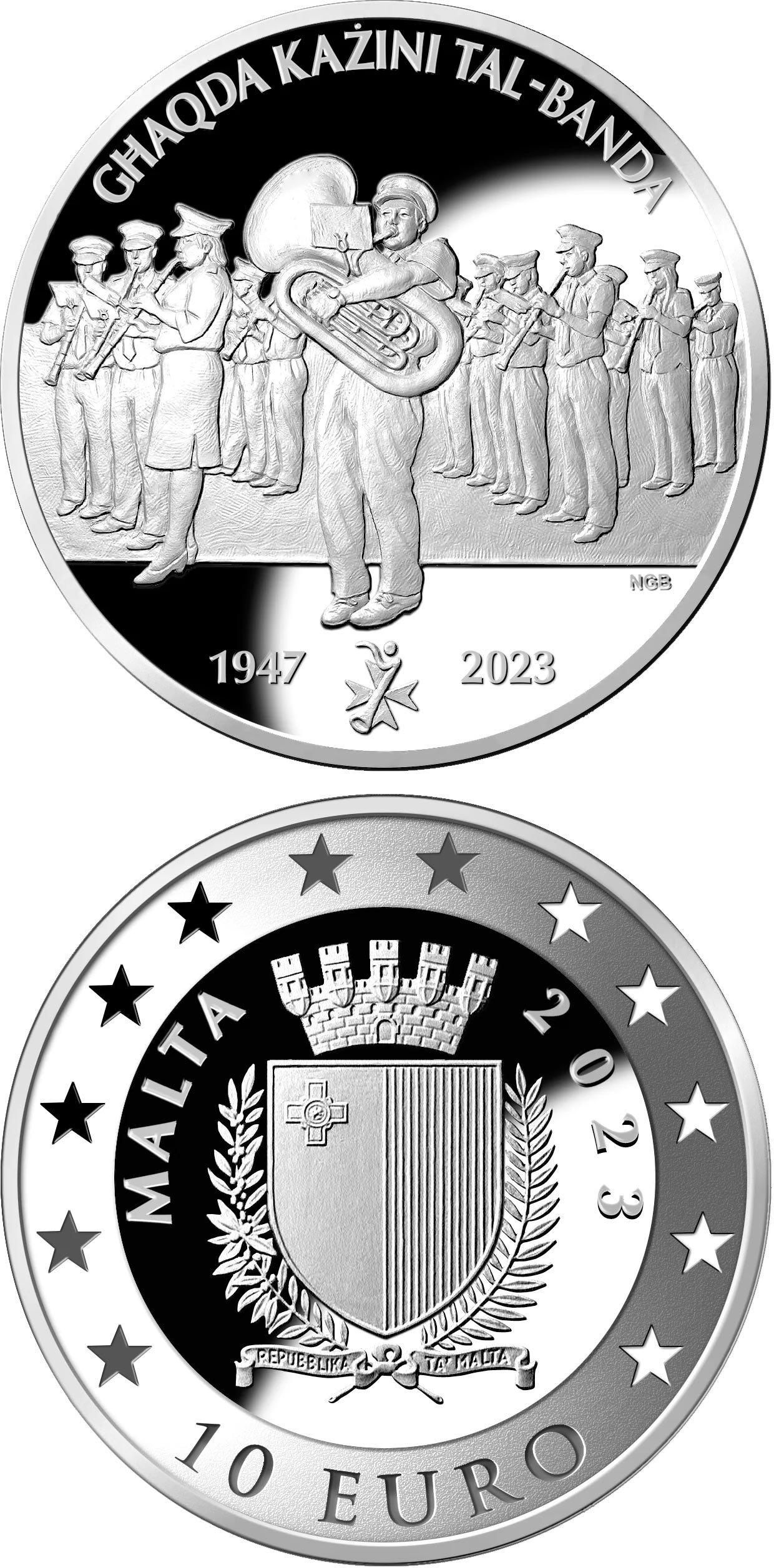 Image of 10 euro coin - 75th Anniversary of the Malta National Band Club Association | Malta 2023.  The Silver coin is of Proof quality.