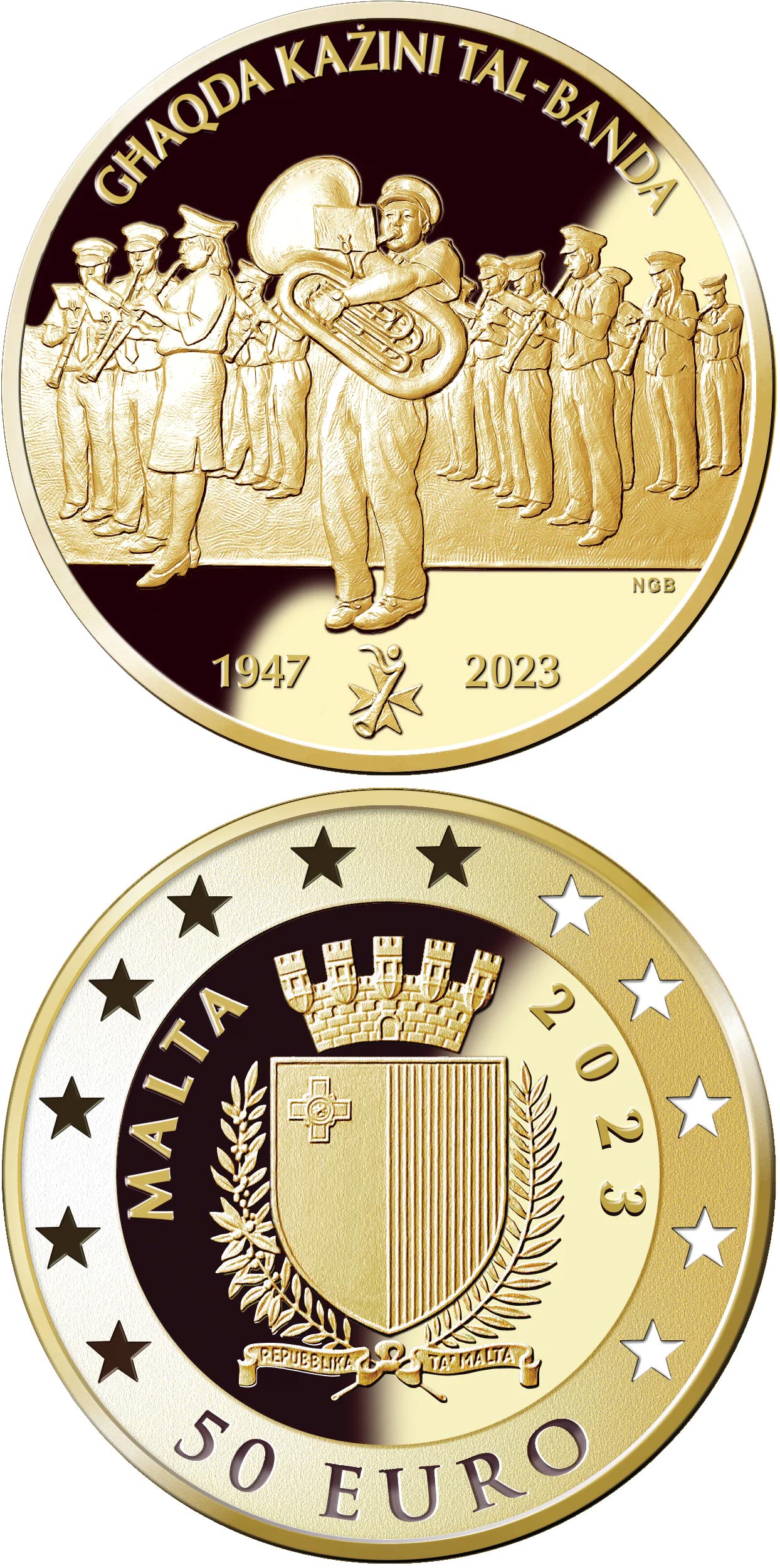 Image of 50 euro coin - 75th Anniversary of the Malta National Band Club Association | Malta 2023.  The Gold coin is of Proof quality.