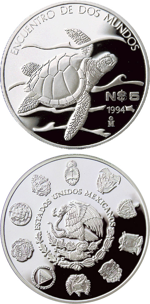 Image of 5 pesos coin - Golfina turtle  | Mexico 1994.  The Silver coin is of Proof quality.
