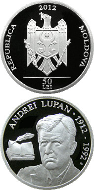 Image of 50 leu coin - Andrei Lupan – 100 years since birth | Moldova 2012.  The Silver coin is of Proof quality.