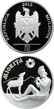 Image of 50 leu coin - Mioriţa - 160 years since the publication of the ballad | Moldova 2012.  The Silver coin is of Proof quality.