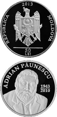 Image of 50 leu coin - Adrian Paunescu | Moldova 2013.  The Silver coin is of Proof quality.