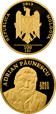 Image of 100 leu coin - Adrian Paunescu | Moldova 2013.  The Gold coin is of Proof quality.